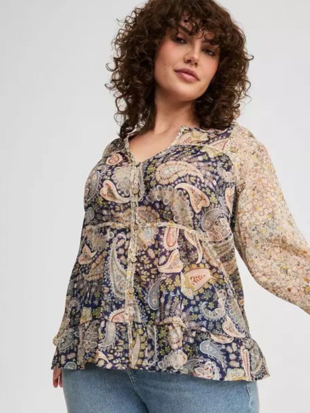 Torrid Mixed Print Long Sleeve Paisley Blouse Size 1 Boho Floral